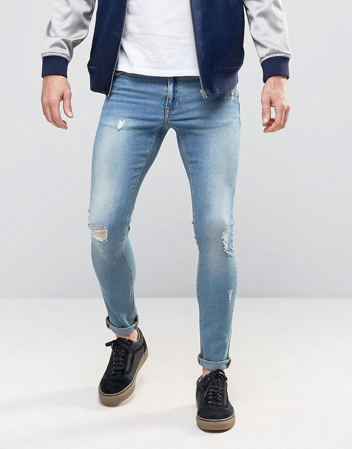 Asos Extreme Super Skinny Jeans With Rips In Light Blue - Blue