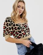 Asos Design Puff Sleeve Knit Top In Leopard-multi