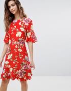 Warehouse Floral Print Frill Hem Skater Dress - Red