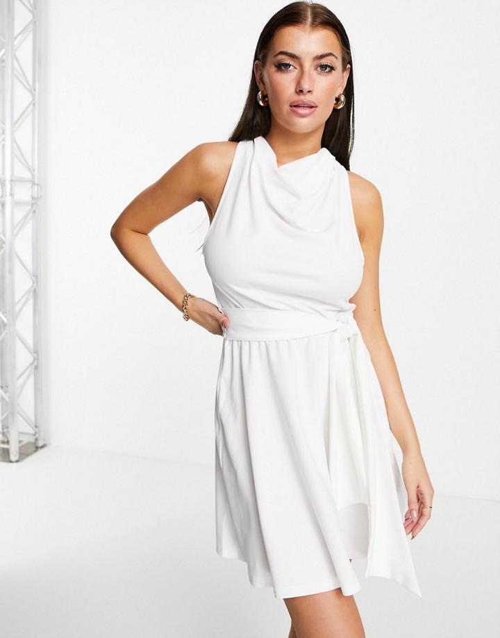 Asos Design High Neck Scarf Belted Skater Mini Dress In Ivory-white