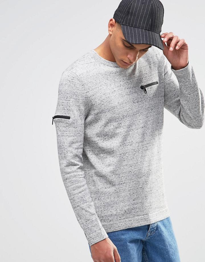 Asos Cotton Sweater With Chest And Arm Zip Pocket - Light Gray