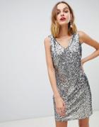 Pieces Sequin V Neck Shift Dress-silver