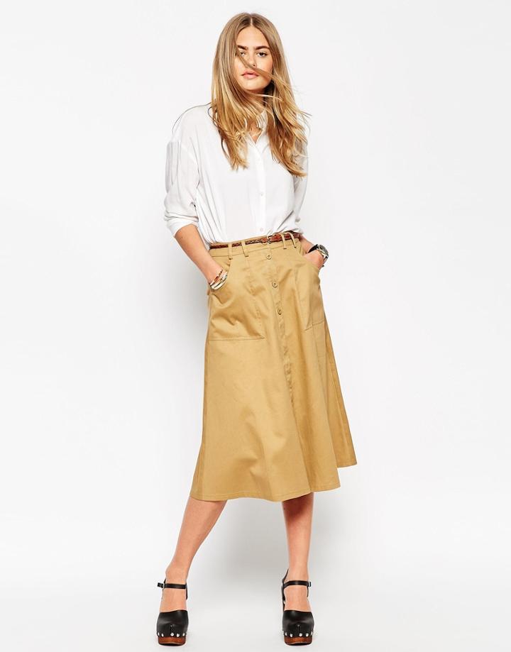 Asos Midi Skirt With Button Through In Cotton Twill - Sand $17.50