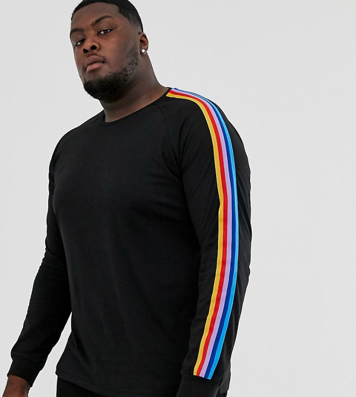 Asos Design Plus Relaxed Long Sleeve T-shirt With Rainbow Taping In Black