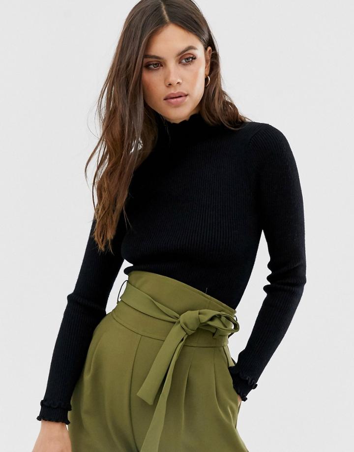 Fashion Union Ribbed Slim Fit Sweater With Ruffle Neck Detail - Black