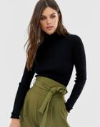 Fashion Union Ribbed Slim Fit Sweater With Ruffle Neck Detail - Black