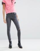 Brave Soul Anna Skinny Jeans With Knee Rips - Gray