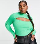 Asos Design Curve Split Front Long Sleeve Top With High Neck In Green Rib