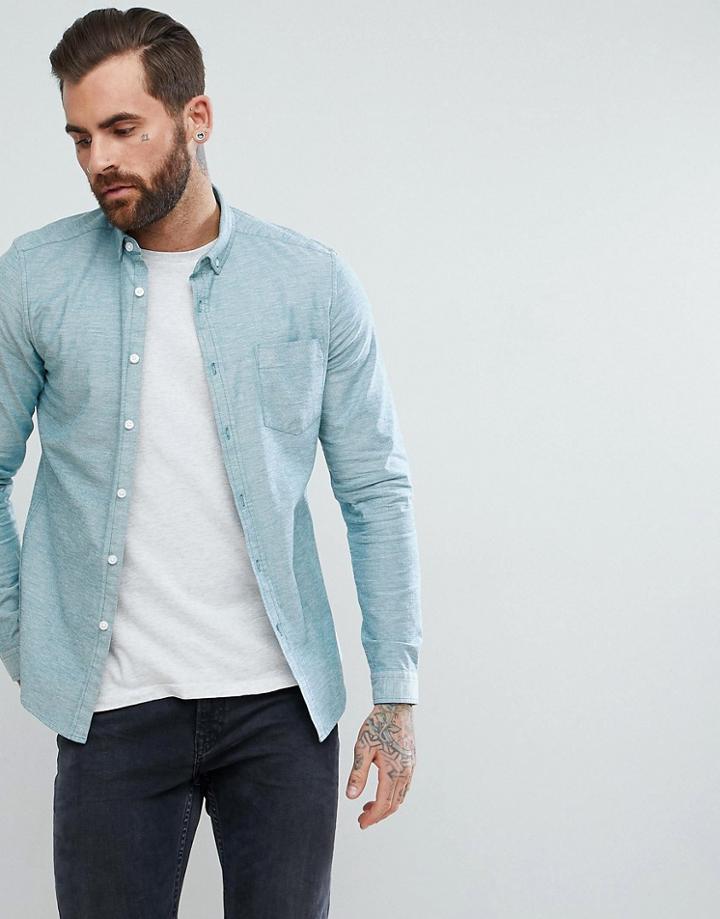 Asos Design Casual Stretch Slim Oxford Shirt In Green - Green