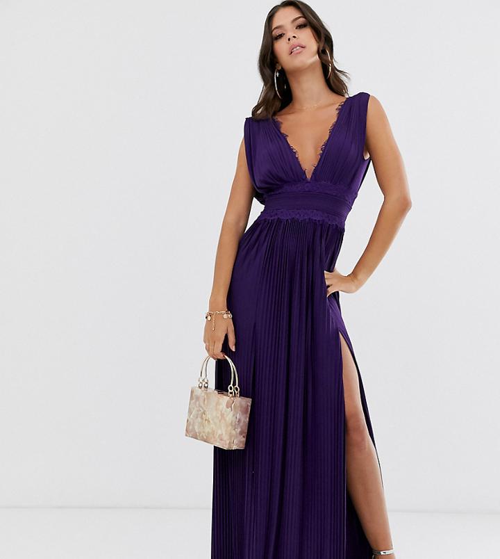 Asos Design Tall Premium Lace Insert Pleated Maxi Dress-purple