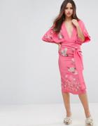 Asos Embroidered Kimono Bird Midi Dress - Pink