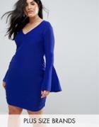 Club L Plus Long Fluted Sleeve Ruched Mini Bodycon Dress - Blue