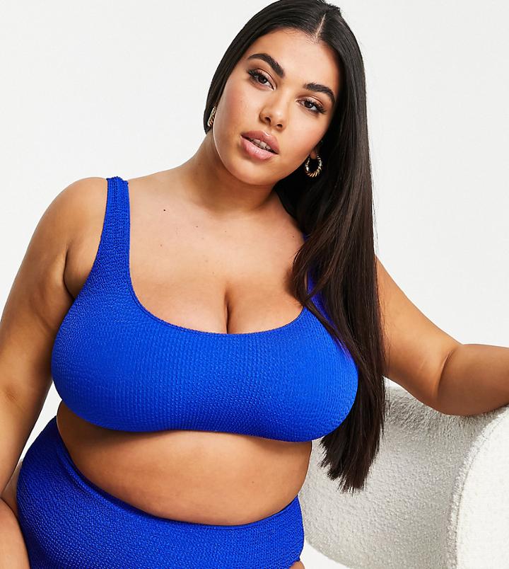 Asos Design Curve Mix And Match Crinkle Skinny Scoop Crop Bikini Top In Cobalt Blue