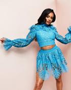 Asos Luxe Eyelet Ruffle Neck Top In Blue - Part Of A Set-white
