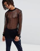 Asos Longline Long Sleeve T-shirt In Black Mesh With Tipping - Black