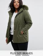 New Look Plus Tonal Faux Fur Parka Jacket - Green