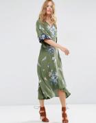 Asos Embroidered Kimono Wrap Midi Dress - Khaki