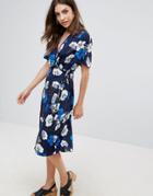 Influence Floral Short Sleeve Wrap Dress - Navy