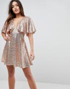 Asos Sequin Fluted Sleeve Lace Mini Dress - Pink