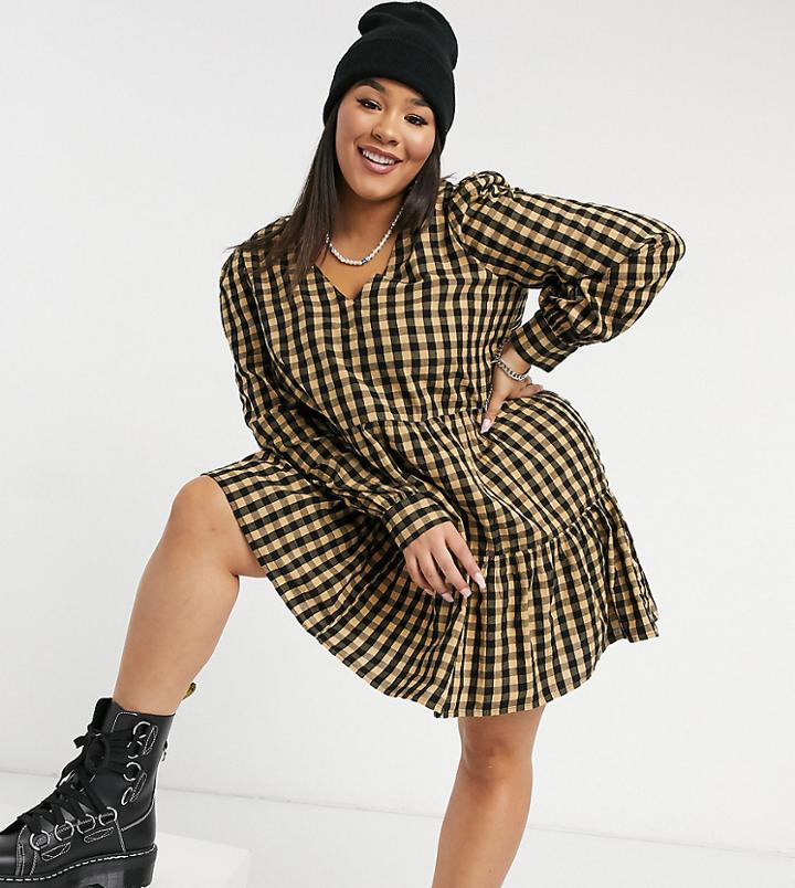 Collusion Plus V-neck Trapeze Dress In Seersucker Gingham-multi