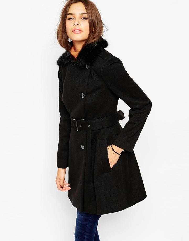 Asos Skater Coat With Faux Fur Collar - Black