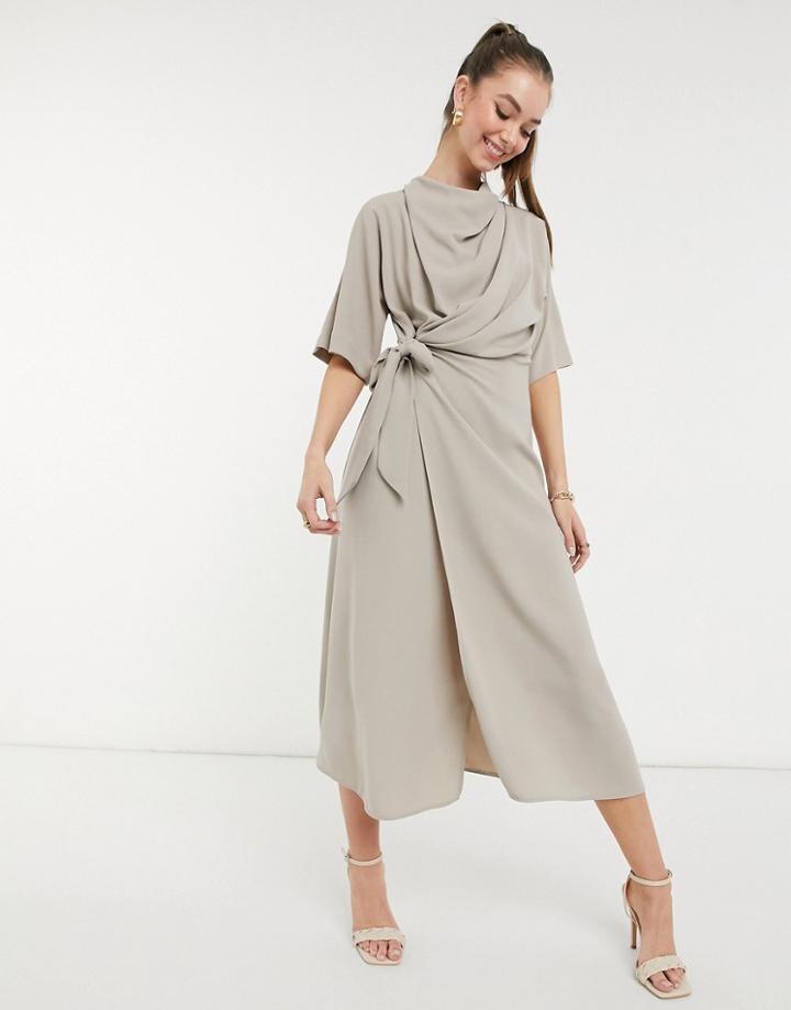Asos Design Cowl Neck Midi Dress With Wrap Skirt In Taupe-neutral