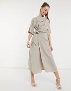 Asos Design Cowl Neck Midi Dress With Wrap Skirt In Taupe-neutral