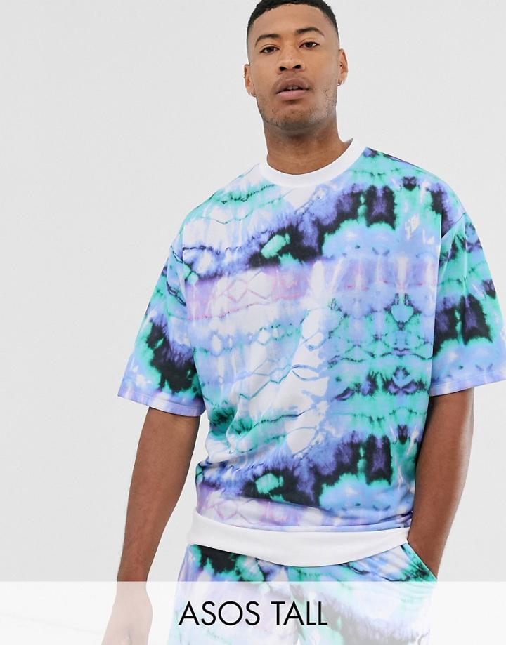 Asos Design Tall Two-piece Short Sleeve Oversized Sweatshirt In Tie Dye-blue