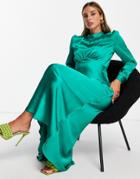 Asos Design High Neck Maxi Satin Tea Dress In Emerald Green