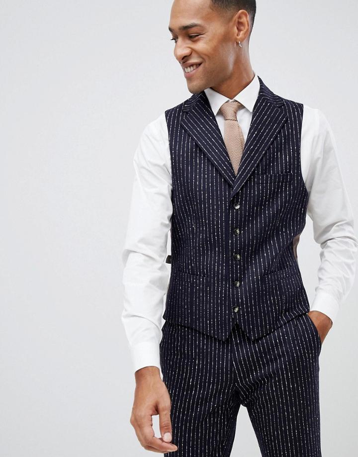 Moss London Premium Skinny Vest In 100% Wool Boucle Stripe - Navy