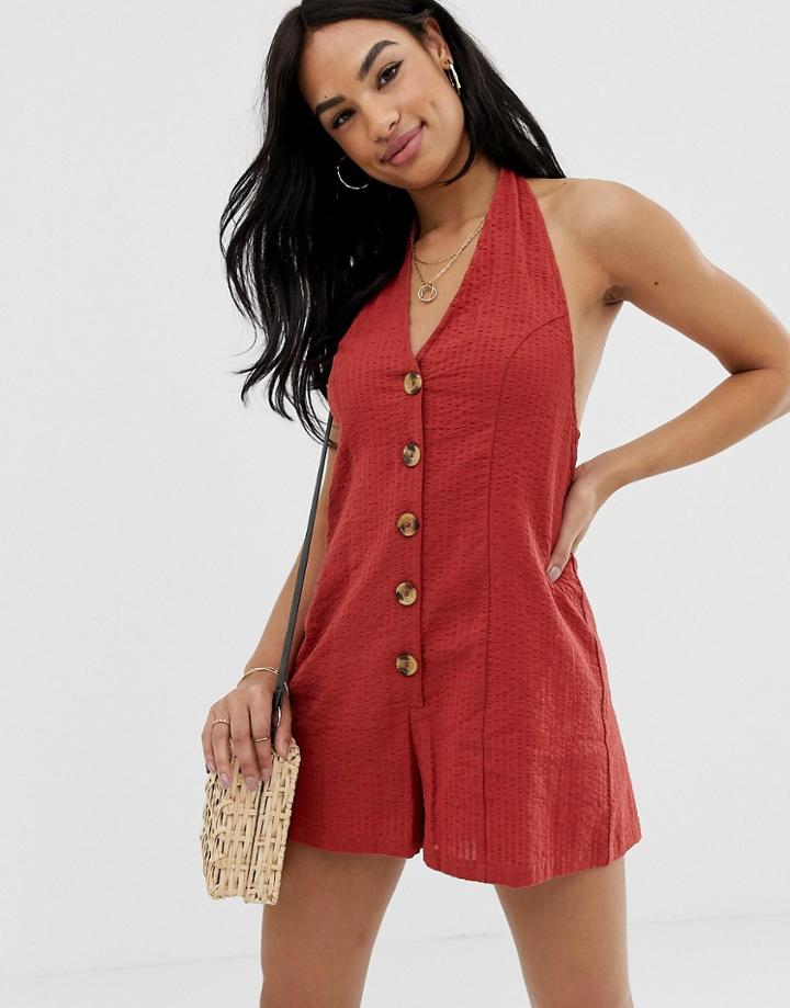 Asos Design Halter Romper With Button Detail In Self Stripe - Brown