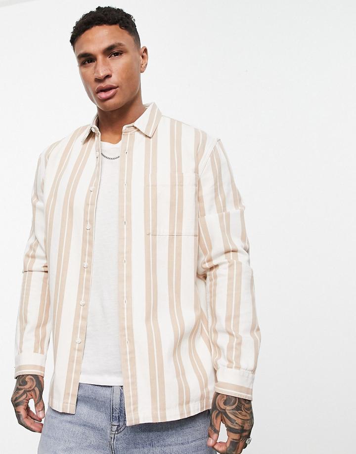 Topman Long Sleeve Stripe Shirt In Stone And White