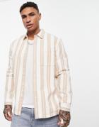 Topman Long Sleeve Stripe Shirt In Stone And White