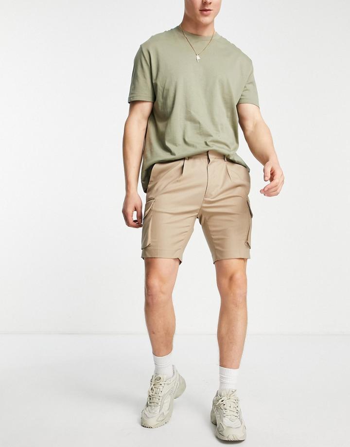 Asos Design Skinny Smart Shorts With Cargo Pockets In Stone-neutral