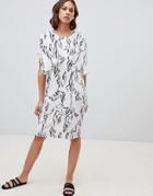 Ichi Marble Print Shift Dress With Ruffle Layer - White
