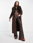 Object Belted Coat With Fur Trim In Chocolate-brown