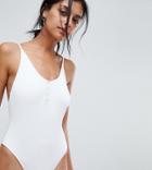 South Beach White Ribbed Popper Detail Swimsuit - White