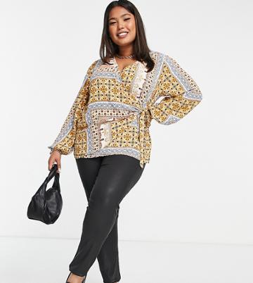 Vila Curve Wrap Top In Tile Print - Part Of A Set-multi