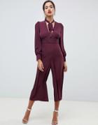 Asos Design Tea Jumpsuit With Tie Neck And Piping-purple