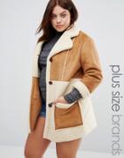 Alice & You Oversized Faux Shearling Panel Coat With Zip Detail - Brown
