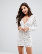 Love Triangle V Neck Mini Dress In All Over Lace - Cream