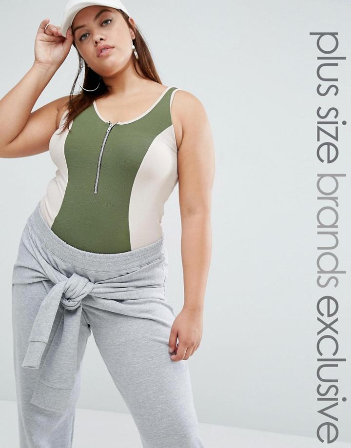 Daisy Street Plus Zip Front Body Suit With Panels - Green