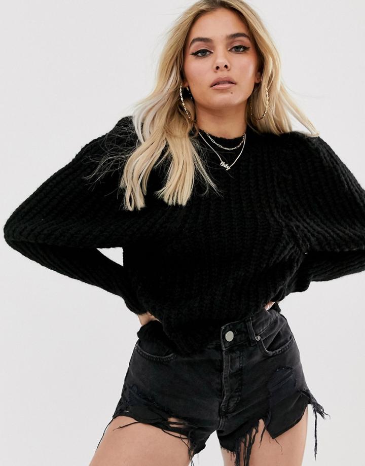 Asos Design Chunky Rib Balloon Sleeve Sweater In Lofty Yarn - Black