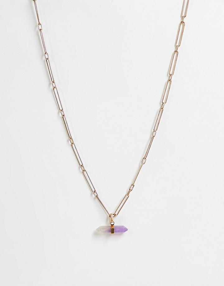 Allsaints Amethyst Stone Pendent Chain Necklace In Gold