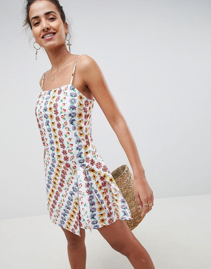 Asos Design Square Neck Wrap Front Mini Sundress In Linear Floral - Multi