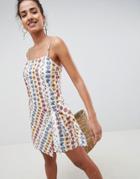 Asos Design Square Neck Wrap Front Mini Sundress In Linear Floral - Multi