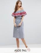 Asos Tall Off Shoulder Midi Sundress In Stripe Cotton With Embroidery