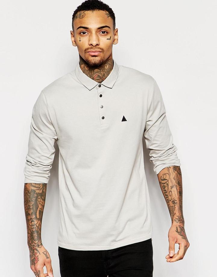 Asos Long Sleeve Jersey Polo With Woven Collar In Taupe - Beige
