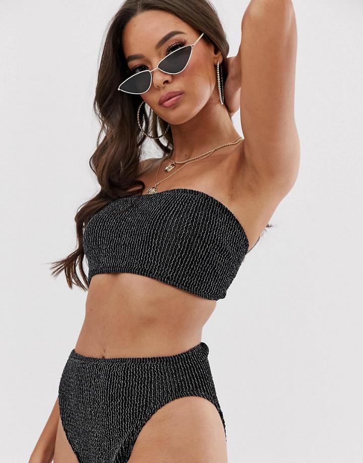 Asos Design Crinkle High Leg High Waist Bikini Bottom In Black And Silver Metallic