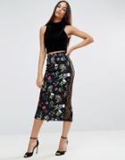 Asos Pencil Skirt In Floral Print With Lace Trim - Multi